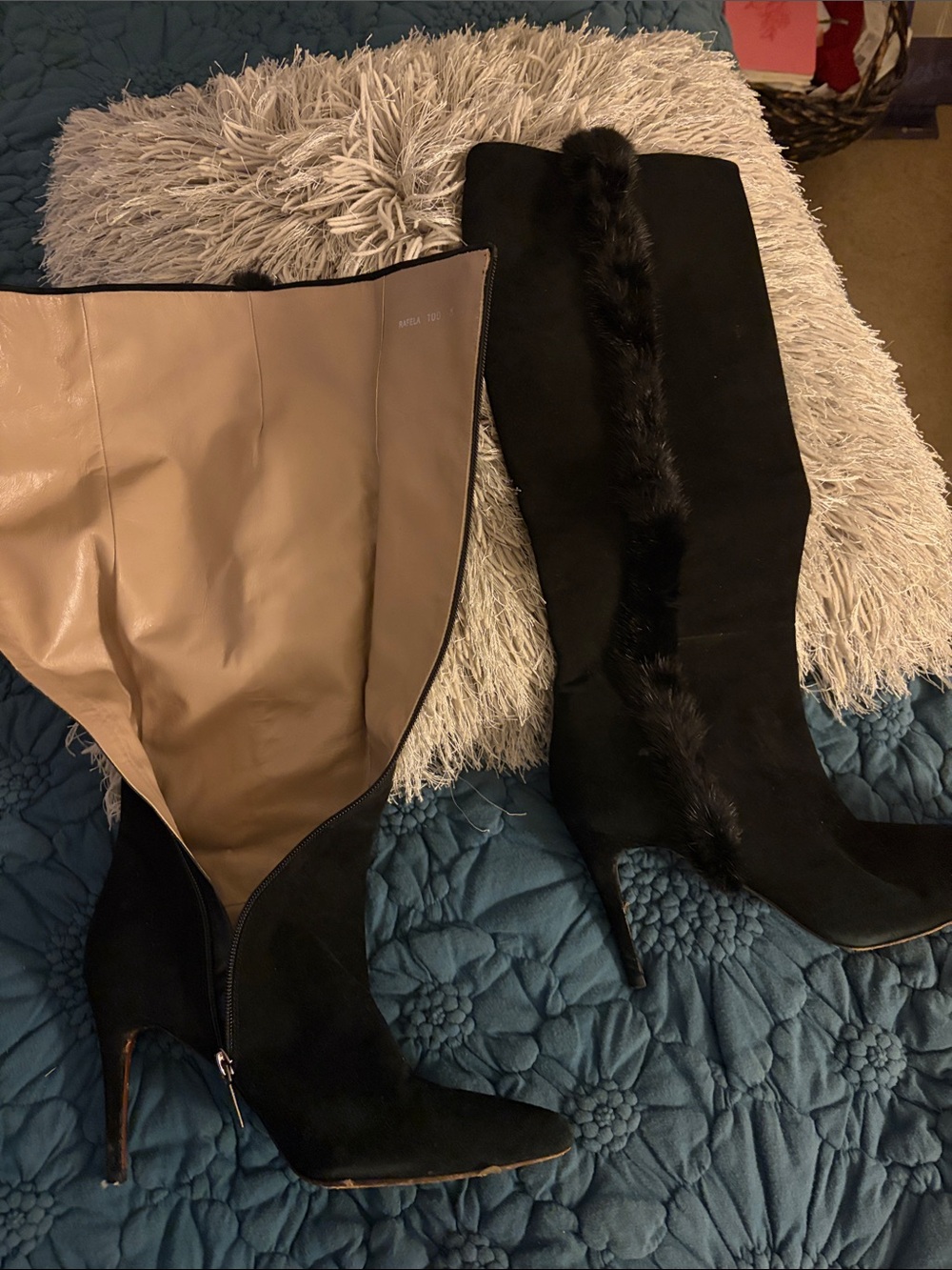 Donald Pliner exclusive Black  Suede Stiletto Boots with mink Fur Trim